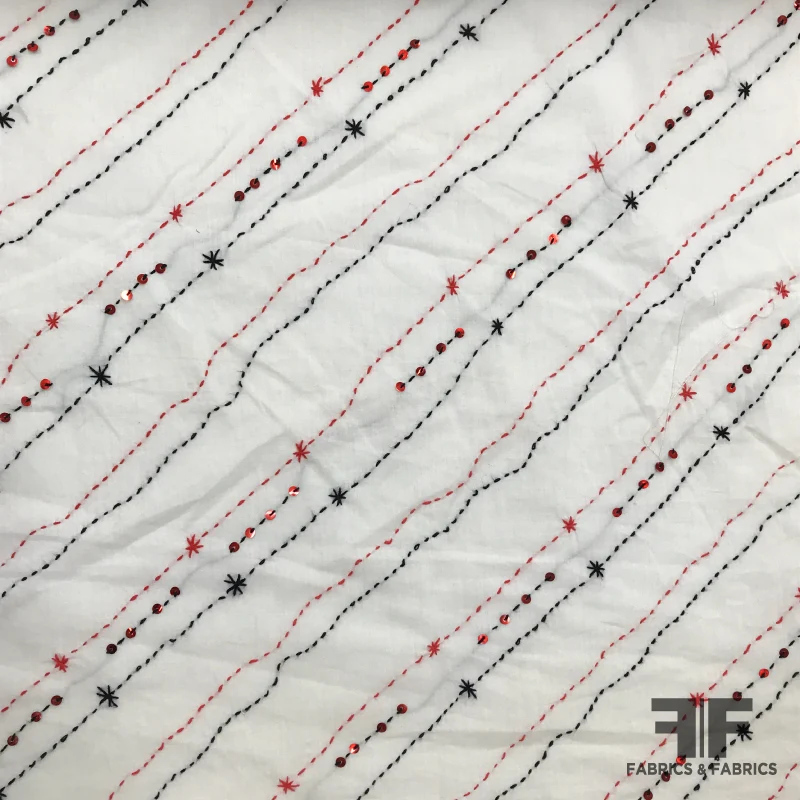 Hand Stitched Striped Embroidered Cotton - White/Black/Red
