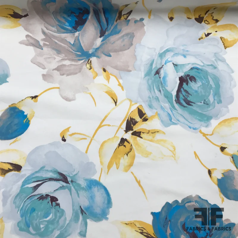 Super Soft Floral Printed Cotton - Blue/Yellow