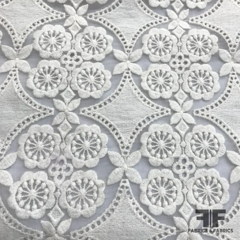 Floral Motif Embroidered Organza - White