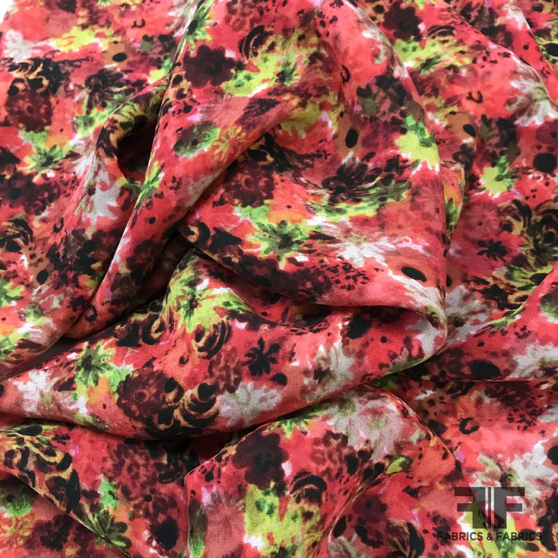 Floral Printed Silk Georgette - Red / Lime Green / Grey