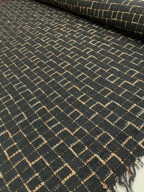 Italian Novelty Checkerboard Wool Tweed with Lurex - Black / Gold / Brown
