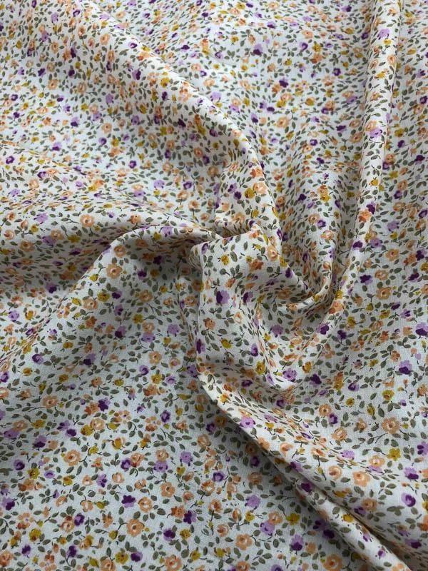 Japanese Ditsy Floral Printed Cotton Lawn - Orange / Lavender / Cream