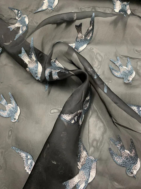 Christian Siriano Italian Embroidered Silk Organza Novelty - Black / Blue / Grey