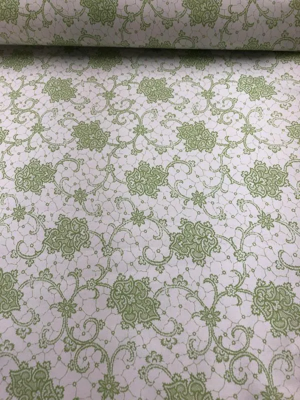 Ornate Lace Printed Stretch Cotton Sateen - Lime Green / White