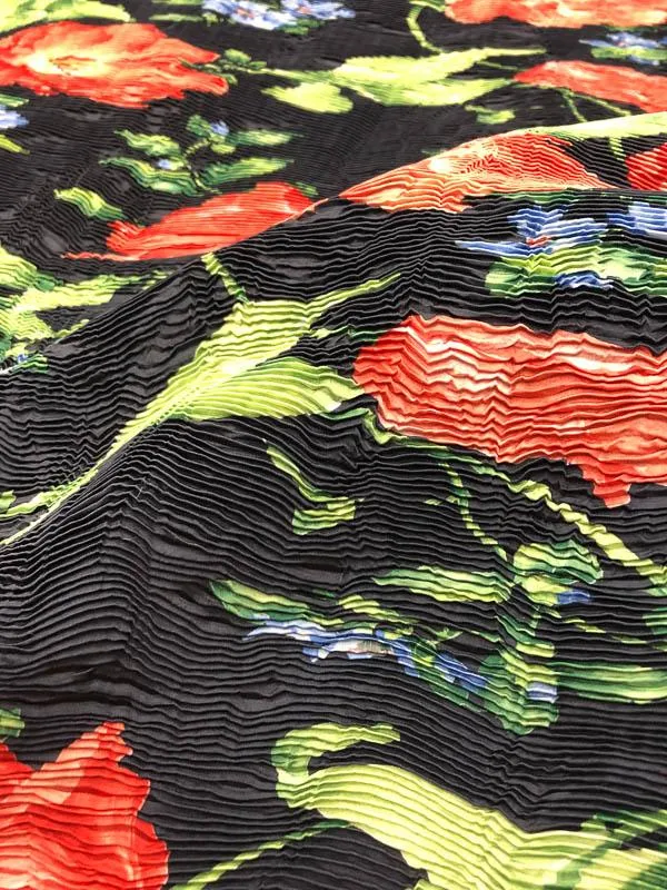 Italian Pleated Fused Floral Novelty - Navy / Green / Red