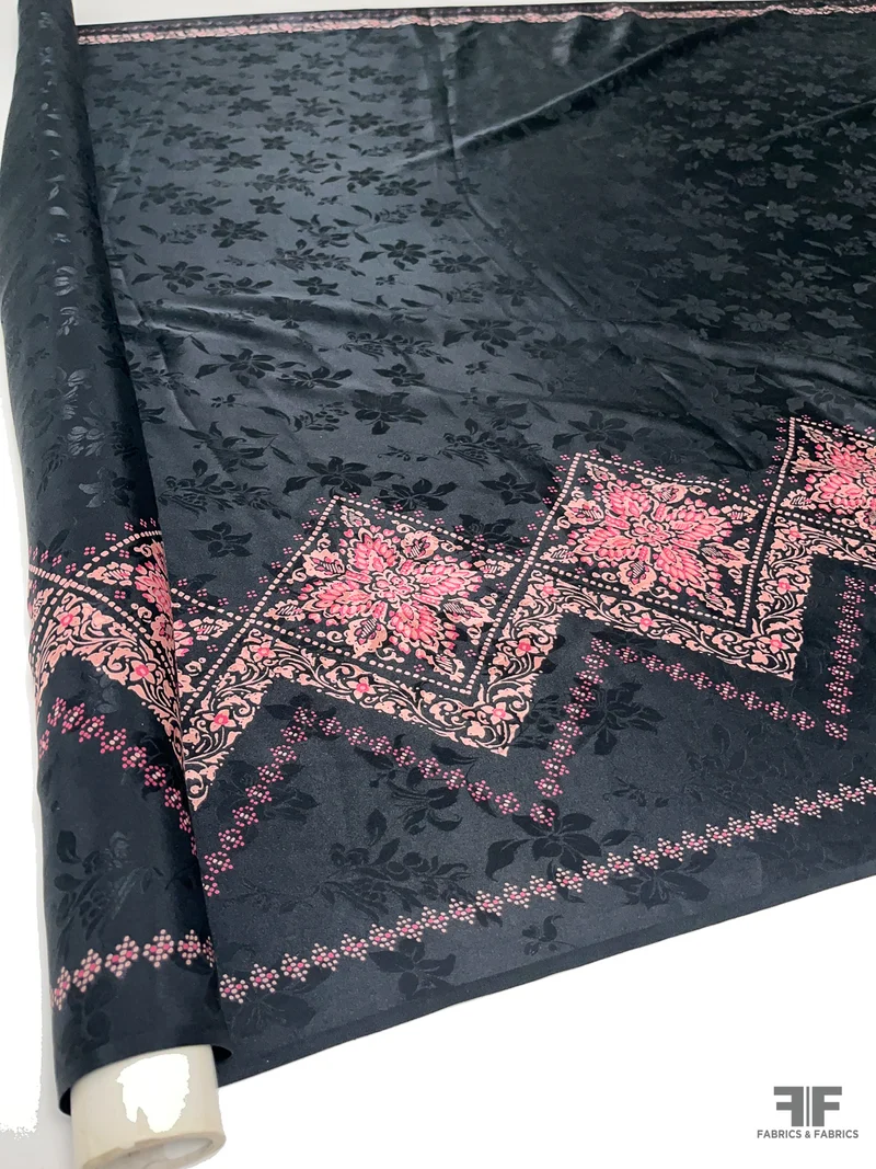 Floral Zig Zag Border Printed Silk Jacquard - Black / Pink