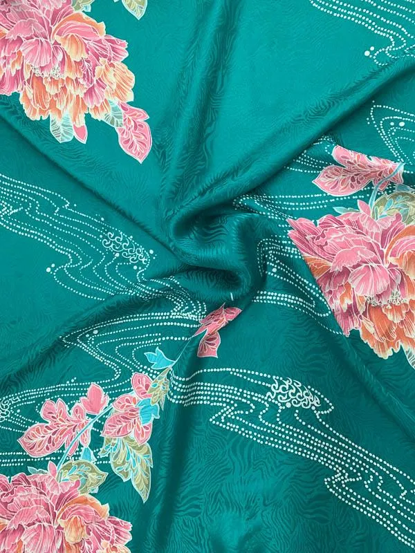 Floral River Printed Silk Jacquard - Teal / Pink / White
