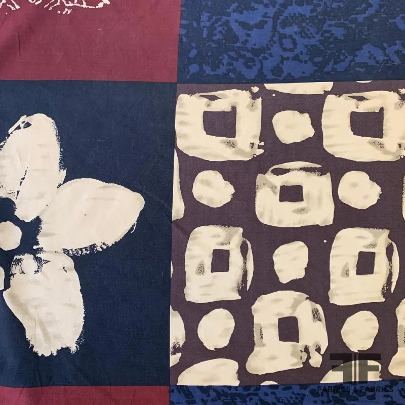 Patchwork Printed Silk Fuji - Navy/Tan/Maroon