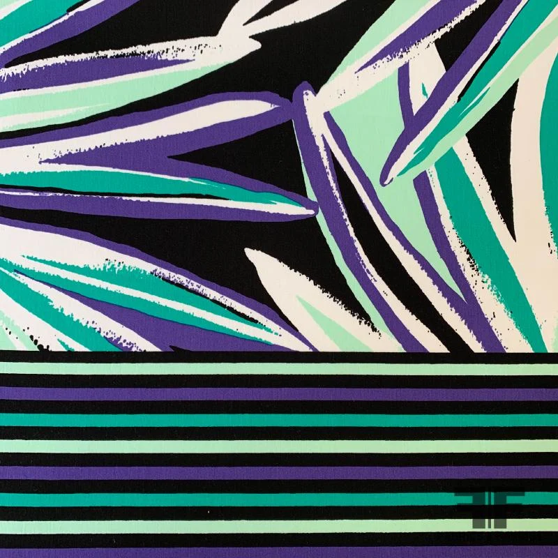 Striped Leaf Printed Stretch Cotton Sateen Panel - Green/Purple/Black