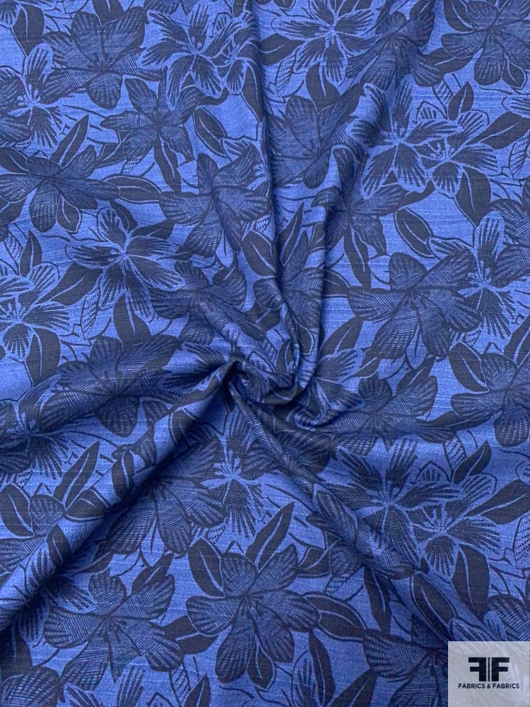 Tropical Floral Textured Stretch Linen-Weave Cotton - Indigo/Black