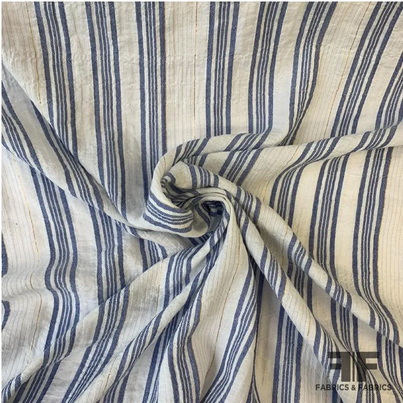 Metallic Crinkled Striped Cotton - Off White/Blue