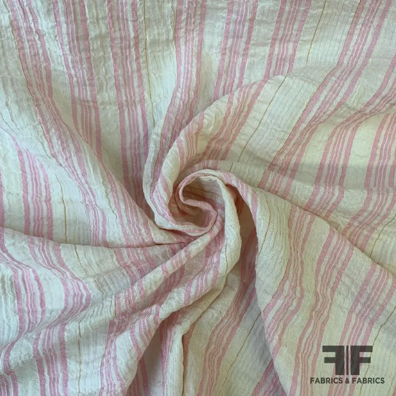 Metallic Crinkled Striped Soft Cotton Gauze - Off White/Pink