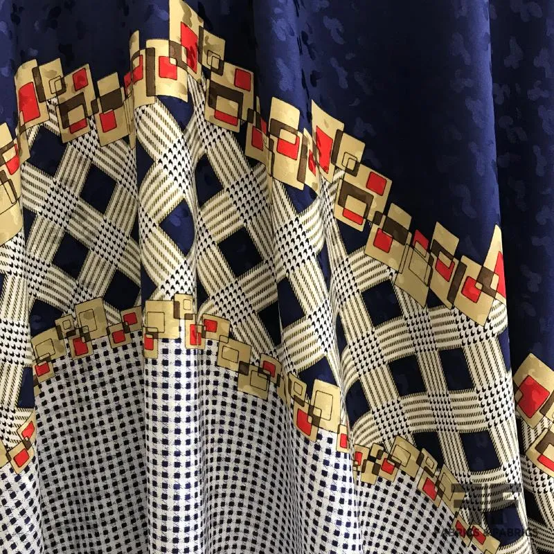 Gingham Border Print Silk Jacquard Panel - Navy/White/Multicolor