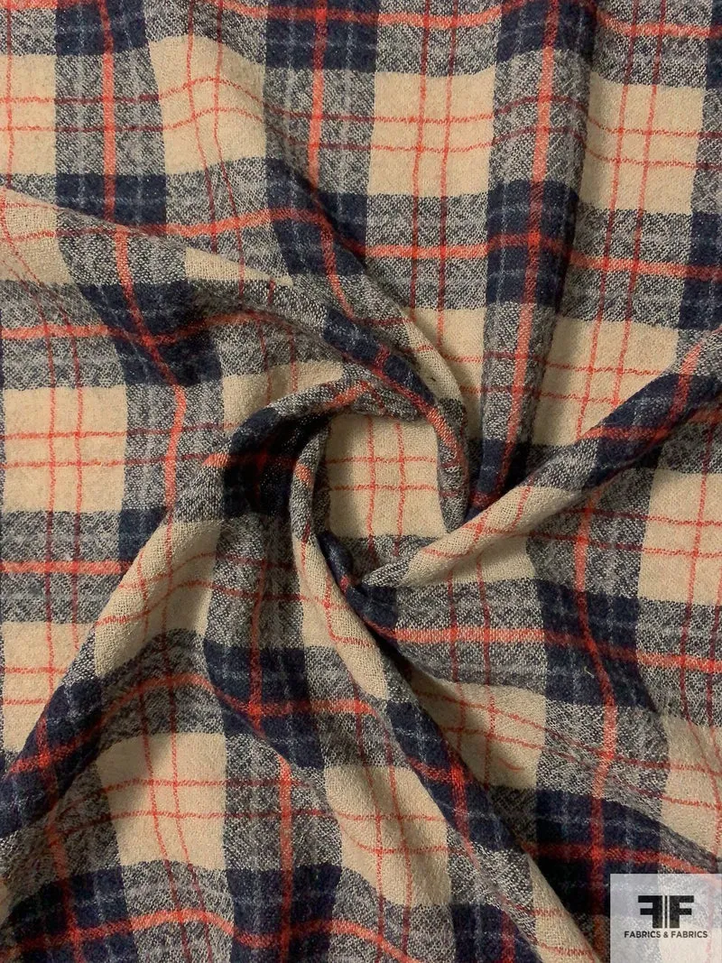 Made in Japan Plaid Wool Gauze - Light Khaki / Navy / Burnt Orange