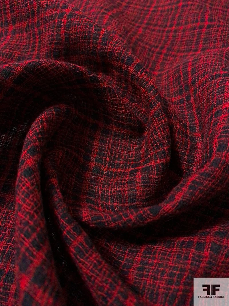 Made in Japan Windowpane Plaid 2-Ply Wool Gauze - Red / Black