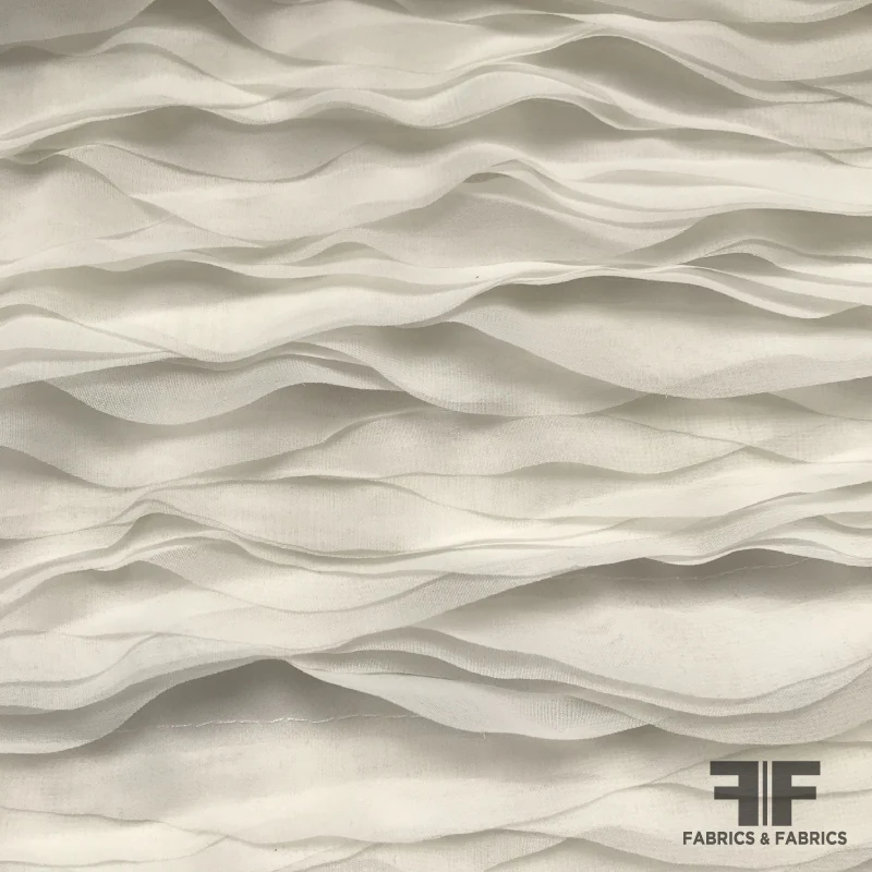 Novelty Couture Silk Ruffles Stitched onto Tulle - White