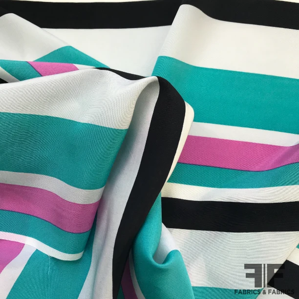 Multi Stripe Printed Silk Crepe de Chine - Purple / Teal / White / Black