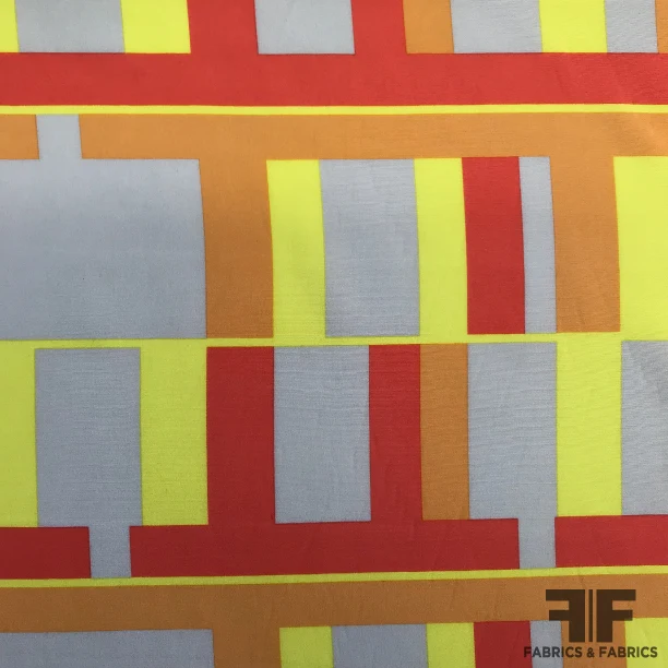 Geometric Art Deco Printed Silk Crepe de Chine - Orange / Yellow / Light Grey