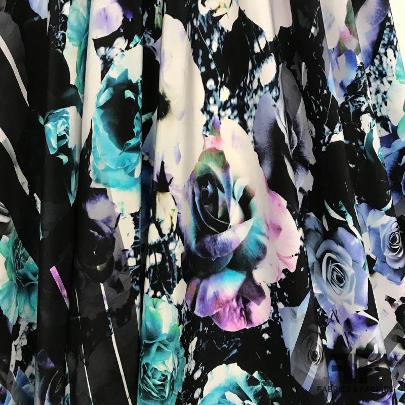 Floral Abstract Printed Silk Crepe de Chine - Black / Blue / Teal / Purple