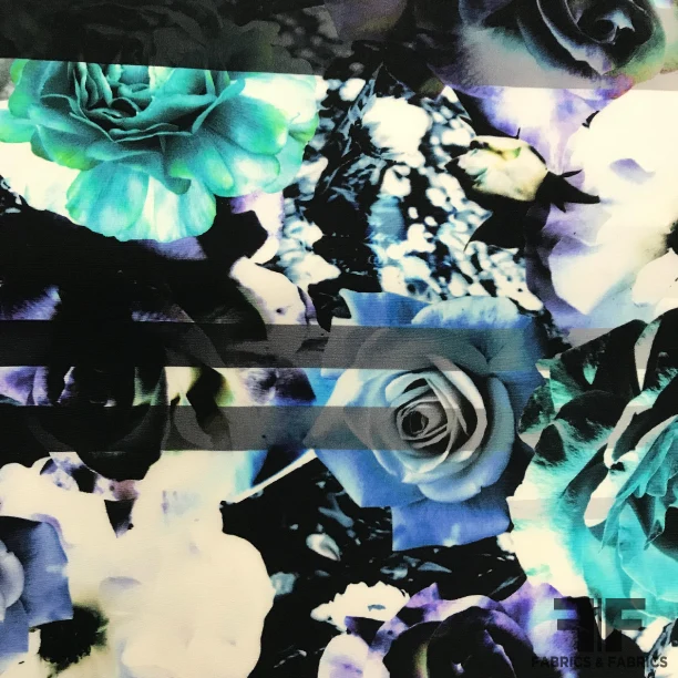 Floral Abstract Printed Silk Crepe de Chine - Black / Blue / Teal / Purple