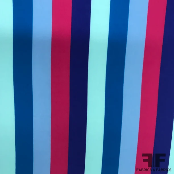 Multicolor Striped Printed Crepe De Chine - Blues / Pink / Purple