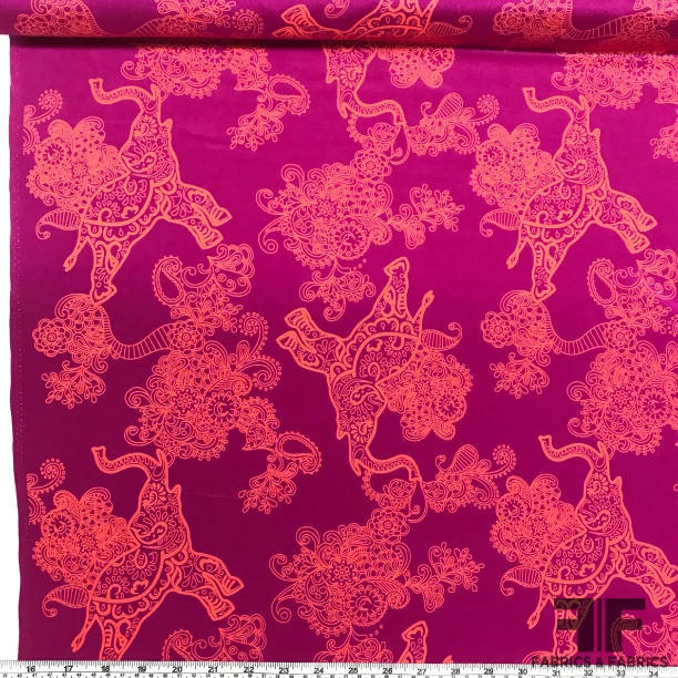 Paisley Boho Elephant Printed Crepe De Chine - Magenta/Orange