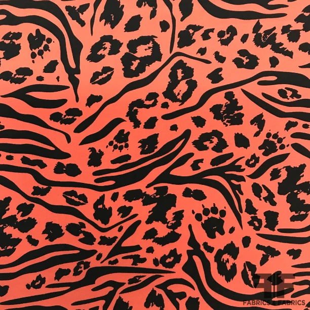 Mixed Animal Printed Crepe De Chine - Orange/Black