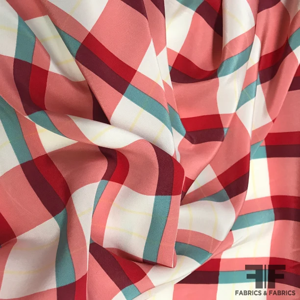 Plaid Printed Crepe De Chine - Red / White / Teal
