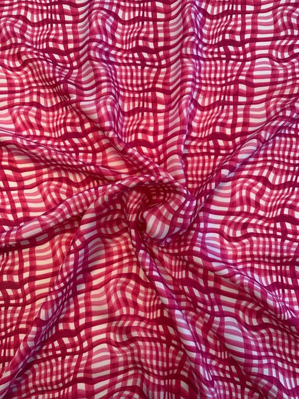 Coach Wavy Gingham Plaid Printed Fine Silk Twill - Hot Pink / White