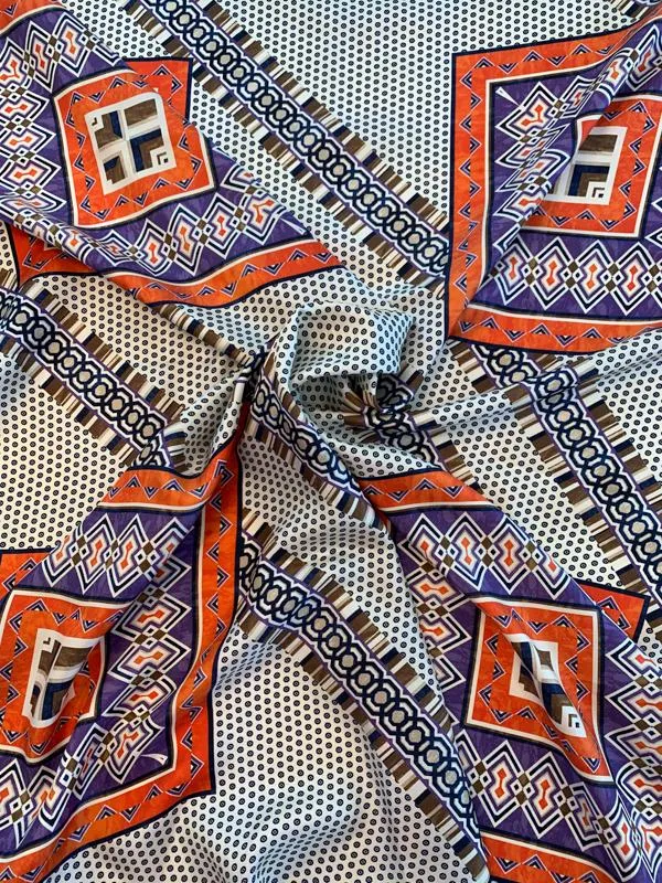 Designer-Look Multi Pattern Printed Fine Silk Twill - Orange / Purple / Ivory / Navy
