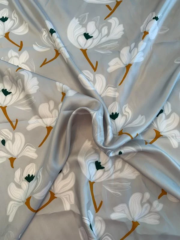 Italian Floral Vine Printed Fine Silk Twill - Light Grey-Sage / White / Turmeric Orange / Evergreen