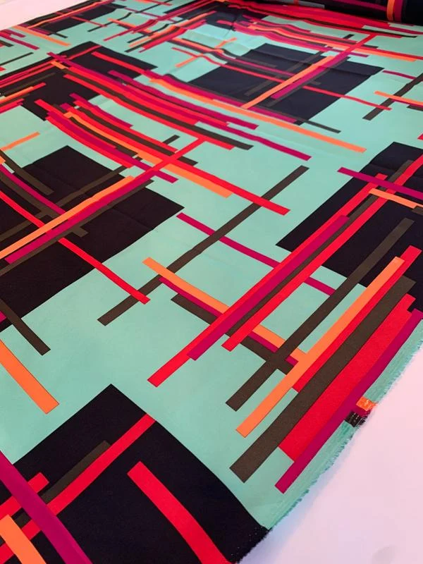 Art Deco Geometric Printed Fine Silk Twill - Light Seafoam / Black / Magenta / Orange