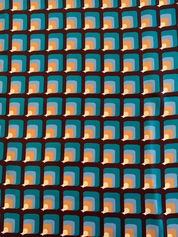 Italian Art Deco Printed Fine Silk Twill - Teal / Brown / Light Blue / Tan