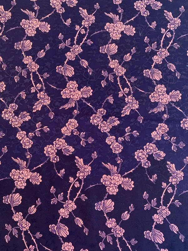 Floral Printed Silk Jacquard - Navy / Pink