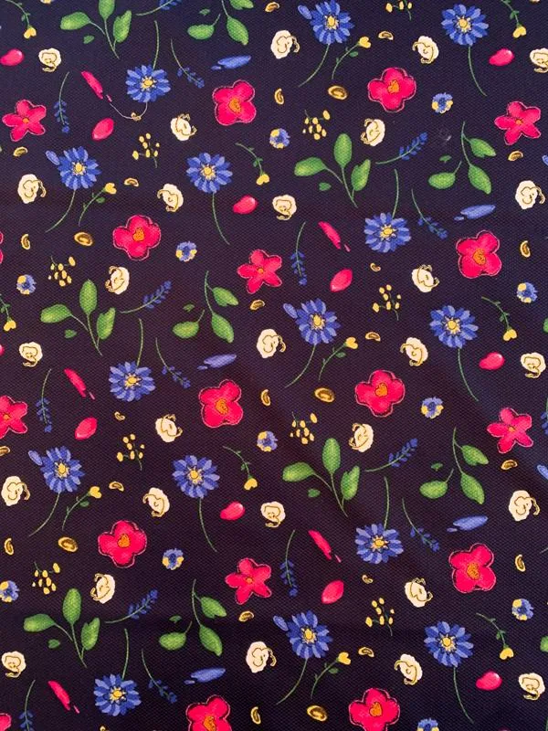 Watercolor Floral Printed Birdseye Cotton Pique - Navy / Blue / Magenta / White