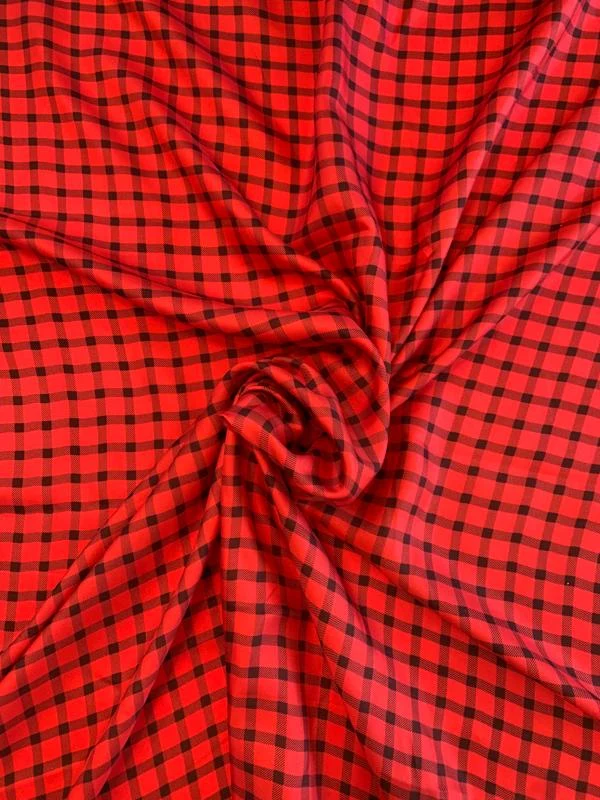 Gingham Check Printed Fine Silk Twill - Red / Black