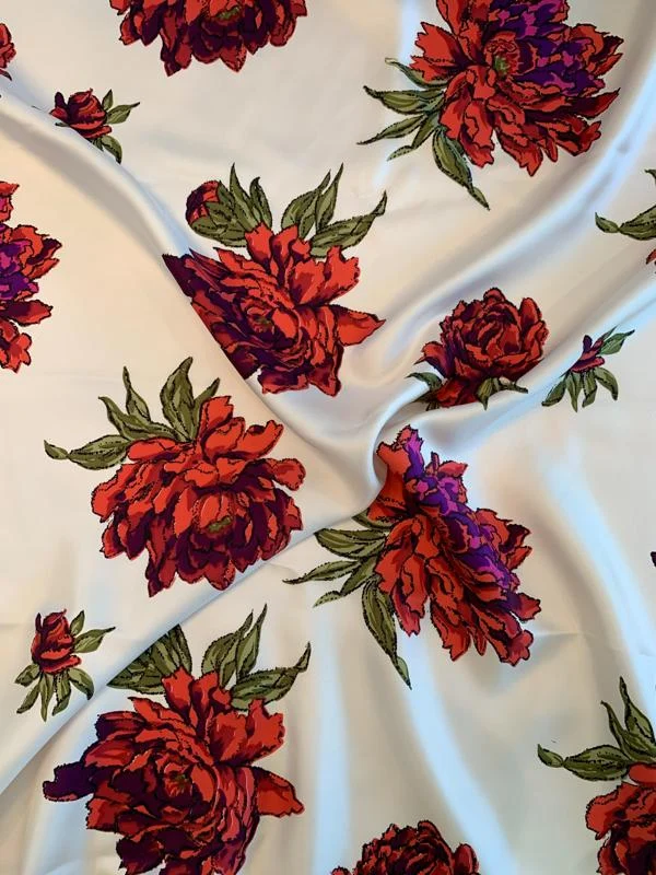Valiant Floral Printed Fine Silk Twill - Coral / Magenta / Olive / Off-White