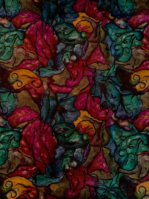 Italian Abstract Printed Fine Silk Twill - Purple / Teal / Antique Gold / Black