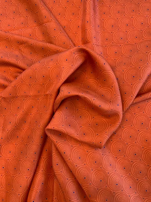 Art Deco Circles and Dots Printed Fine Silk Twill - Brick Orange / Blue