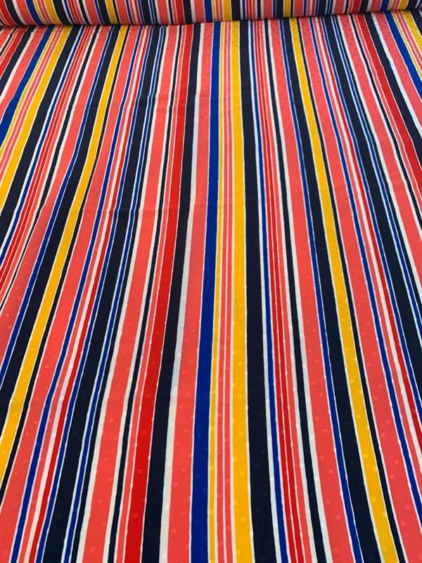 Abraham Vertical Striped Printed Silk Jacquard - Coral / Yellow / Royal / Navy / White