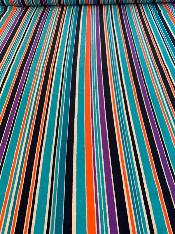 Abraham Vertical Striped Printed Silk Jacquard - Turquoise / Orange / Navy / White