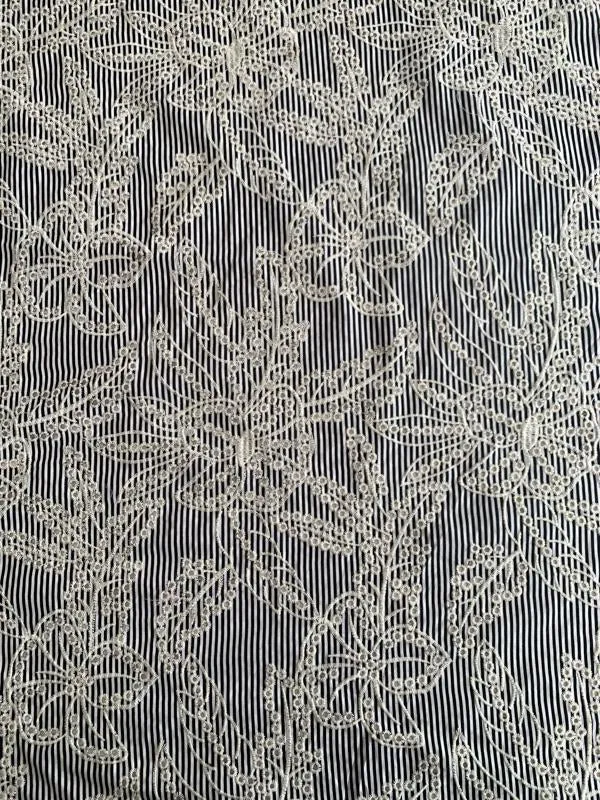 Floral Embroidered and Eyelet Striped Cotton Shirting - Black / Ivory