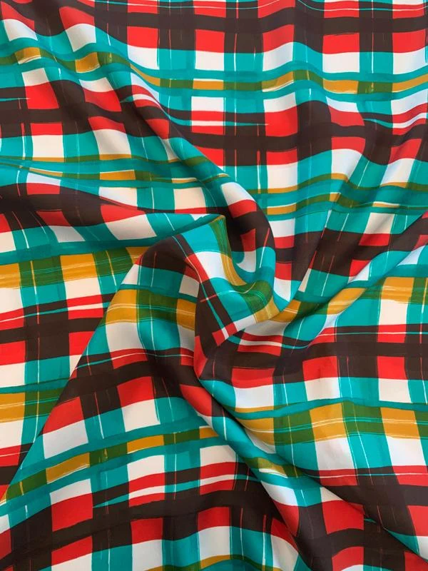 Painterly Plaid Printed Mini Silk Twill - Red / Jade / White / Mustard