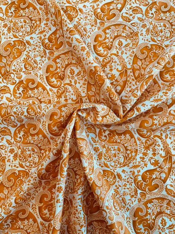 Victorian Paisley Printed Cotton Lawn - Saffron / Ivory
