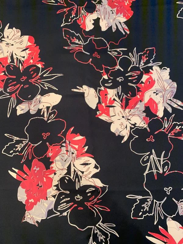 Oriental-Inspired Abstract Printed Mini Silk Twill - Black / Coral / Cream