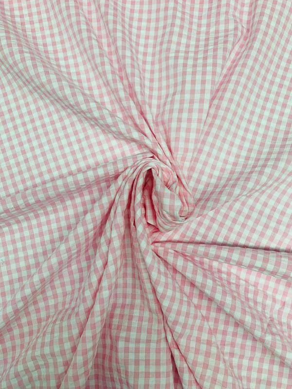 Classic Gingham Seersucker Cotton Shirting - Pink / White