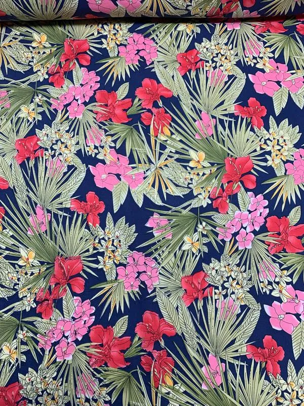 Tropical Floral Leaf Printed Cotton Linen - Blue / Green / Pink / Coral