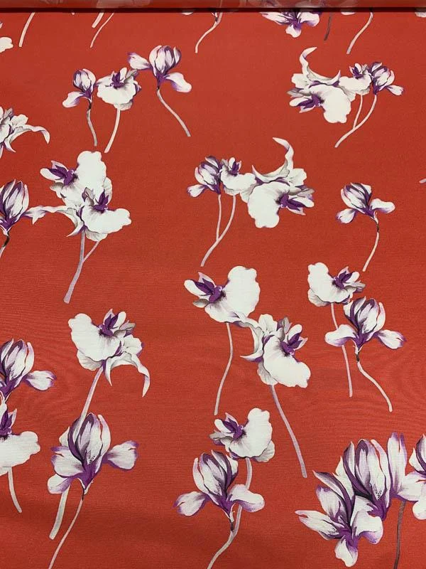 Floral Stems Faille Printed Cotton - Deep Coral / White / Purple