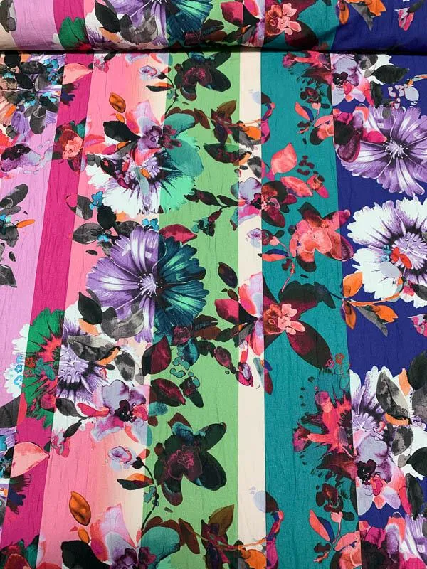 Floral and Striped Lightly Ruched Vertical Stretch Printed Cotton - Multicolor