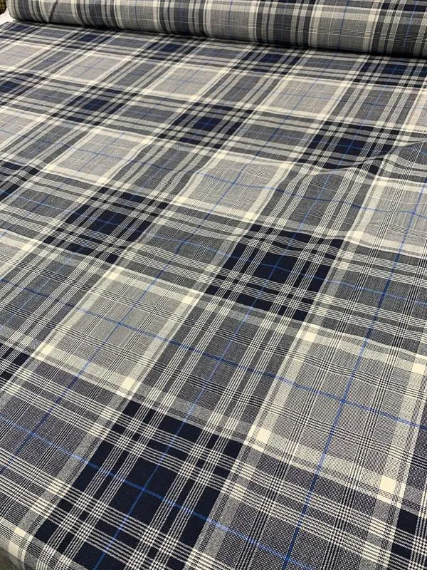 Large-Scale Plaid Light-Weight Wool Suiting - Navy / Ivory / Blue